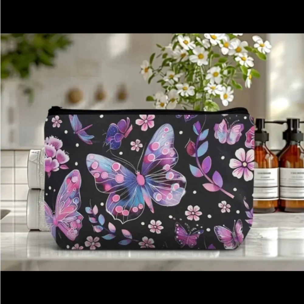 New! Polyester Lightweight Butterfly Design Cosmetic Pouch with Zipper Closure.